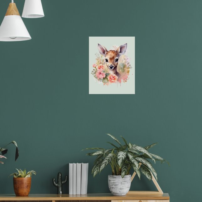 Poster Cute Deer Cercado Por Rosas (Sala de Estar 1)