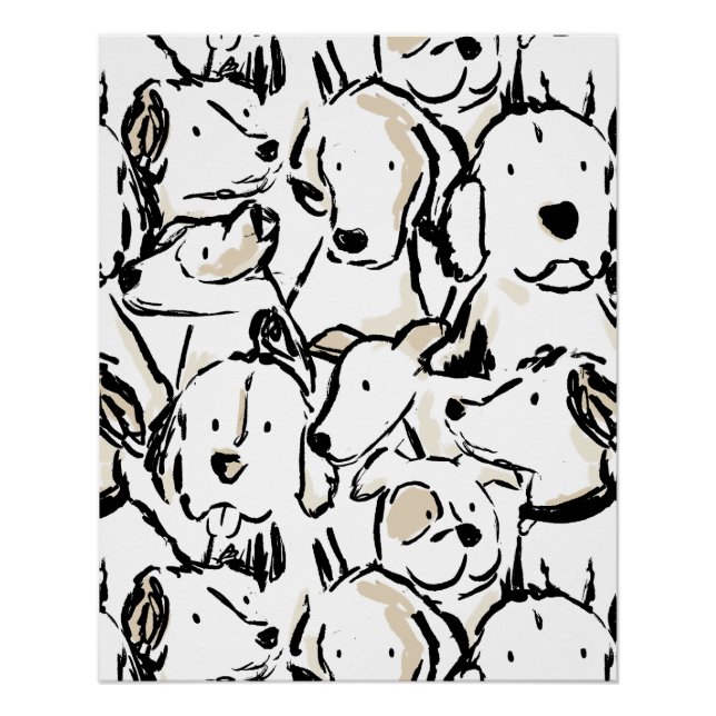 Pôster Cute Dog Doodle Pet Sketch - Black and White Puppy (Frente)