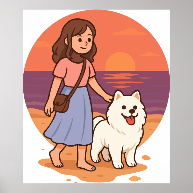 Poster Cute Dog Mom Walking Fluffy Pup on Sunset Beach  (Frente)