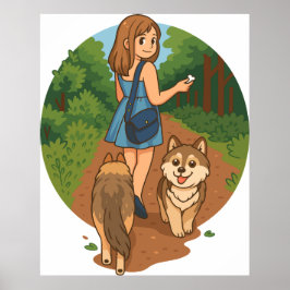 Poster Cute Dog Mom Walking Puppies Forest Trail Illustra