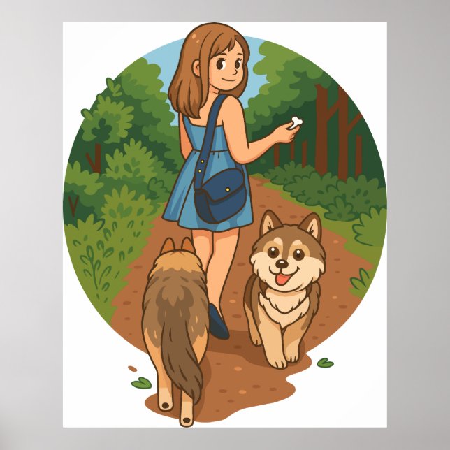 Poster Cute Dog Mom Walking Puppies Forest Trail Illustra (Frente)