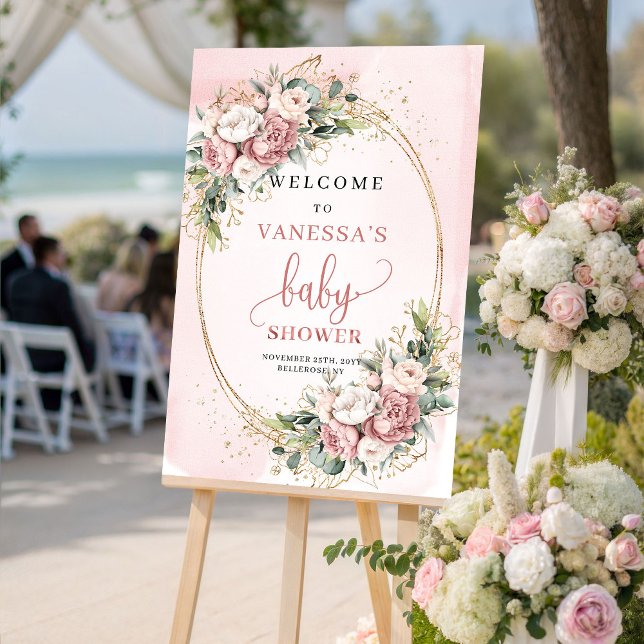 Poster Cute Dusty Pink Floral Baby Shower Welcome Sign (Cute Dusty Pink Floral Baby Shower Welcome Sign)