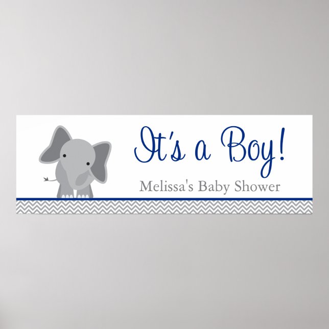 Pôster Cute Elephant Chevron Navy Blue Baby Shower (Frente)