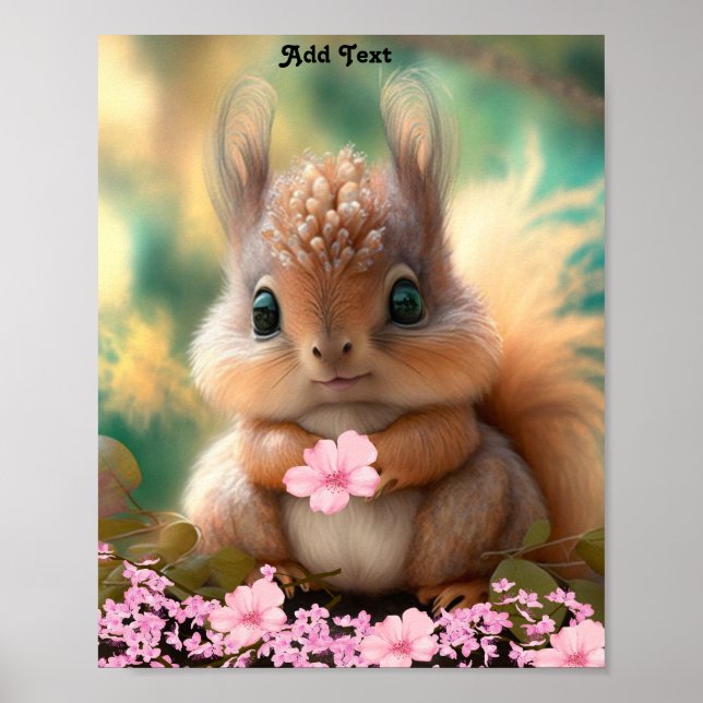 Poster Cute Esquilo Bebê Caprichoso Flores Rosa (Frente)