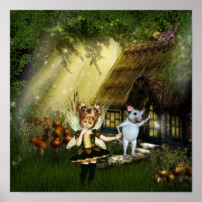 Poster Cute Fairy And White Mouse (Frente)