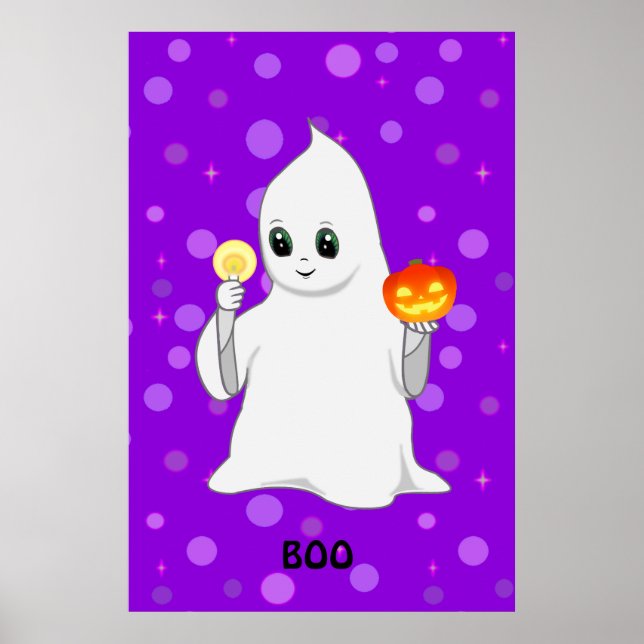 Poster Cute Fantasma de Halloween & Abóbora em Roxo (Frente)