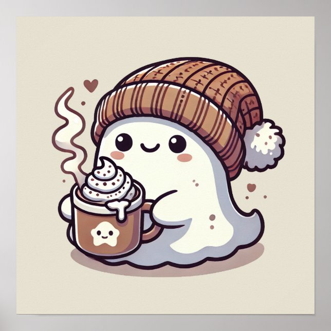 Poster Cute Fantasma de Halloween com Gorro de Outono e C (Frente)