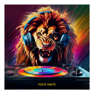 Pôster Cute Fantasy Lion DJ Vinyl