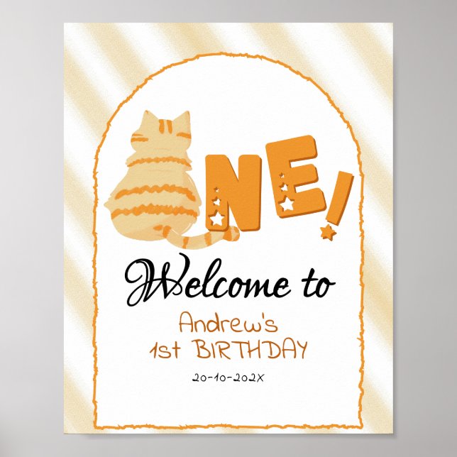 Poster Cute Fat Orange Cat 1st Birthday Welcome Sign (Frente)