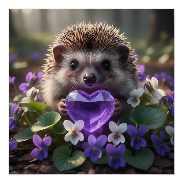 Pôster Cute February Hedgehog with Amethyst Heart (Frente)