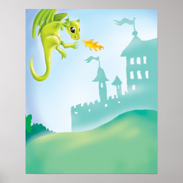 Poster cute fiery dragon and castle scene (Frente)