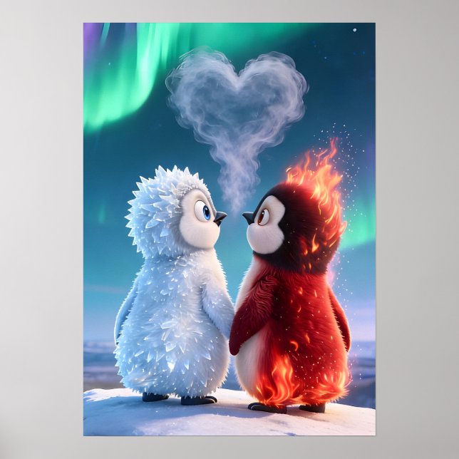 Poster Cute Fire and Ice Penguin Northern Lights (Frente)
