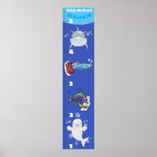 Poster Cute fish sea creatures cartoon growth chart