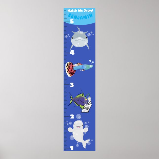 Poster Cute fish sea creatures cartoon growth chart (Frente)
