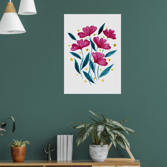 Poster Cute floral bouquet - magenta and teal (Sala de Estar 1)