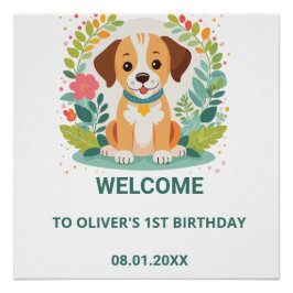 Pôster Cute Floral Dog Puppy Baby Boys Birthday Welcome