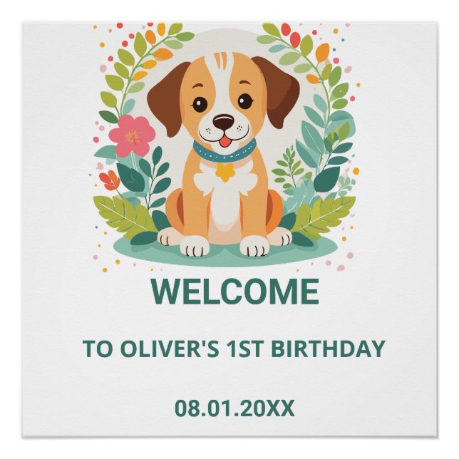 Pôster Cute Floral Dog Puppy Baby Boys Birthday Welcome (Frente)