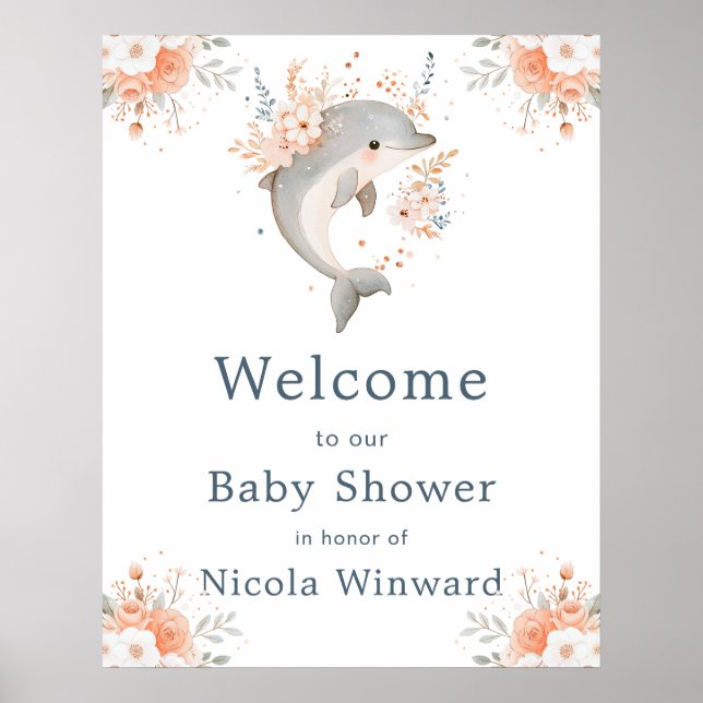 Poster Cute Floral Dolphin Baby Shower Welcome (Frente)