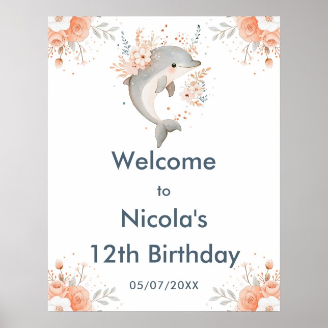 Poster Cute Floral Dolphin Birthday Party Welcome (Frente)