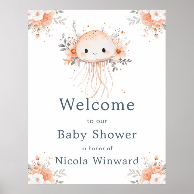 Poster Cute Floral Jellyfish Baby Shower Welcome (Frente)