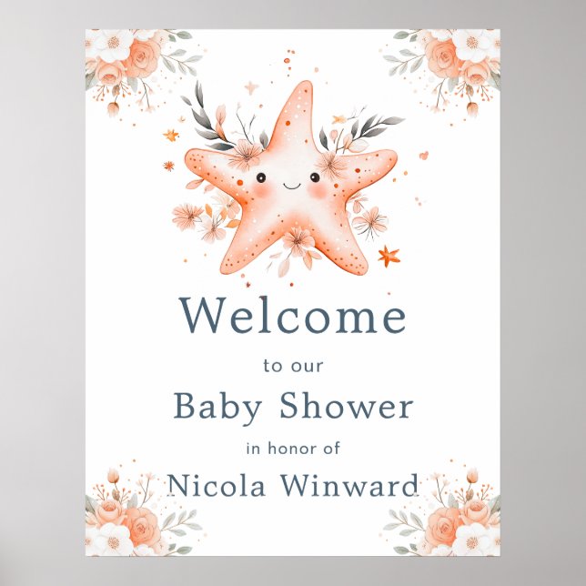 Poster Cute Floral Starfish Baby Shower Welcome (Frente)