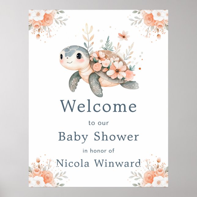 Poster Cute Floral Turtle Baby Shower Welcome (Frente)