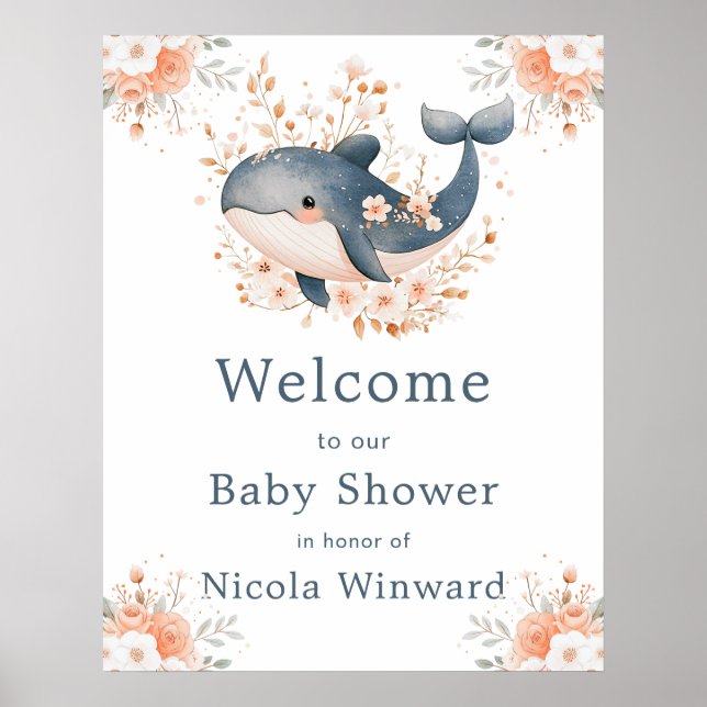 Poster Cute Floral Whale Baby Shower  Welcome (Frente)