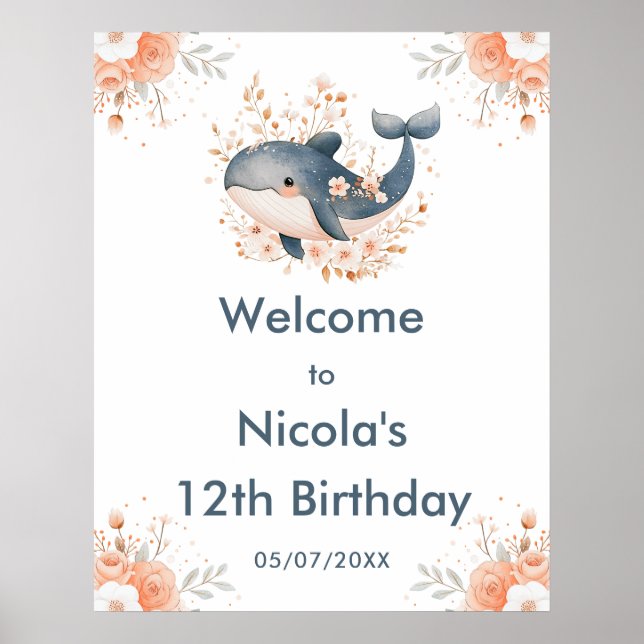 Poster Cute Floral Whale Birthday Party Welcome (Frente)