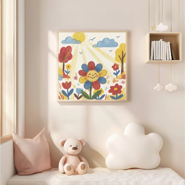 Poster Cute Flower In The Sun Crayon Drawing Kid (Criador carregado)