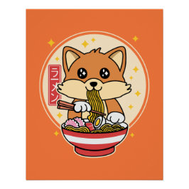 Pôster Cute Fox Eating Ramen Kawaii - Presente de Comida