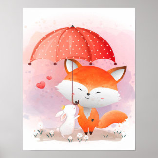 Poster Cute foxes with a rabbit|gift for rabbit lover