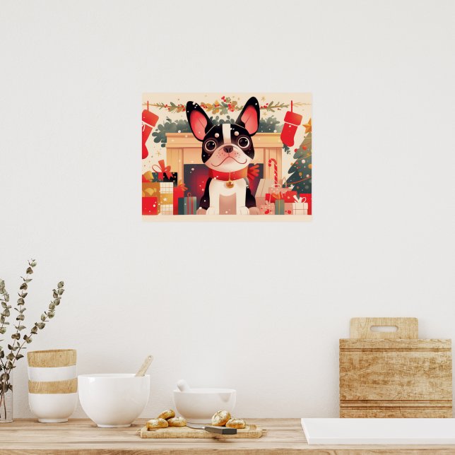 Poster Cute French Bulldog by the Christmas Fireplace (Cozinha)