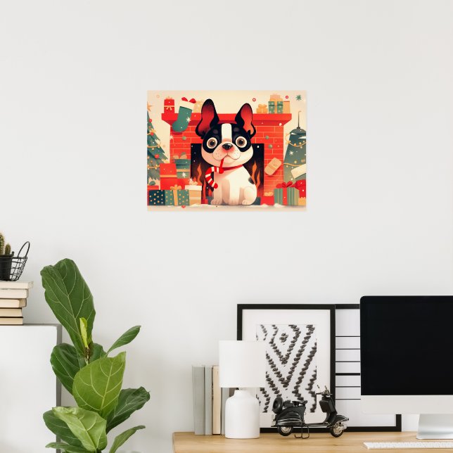 Poster Cute French Bulldog by the Christmas Fireplace (Escritório em casa)