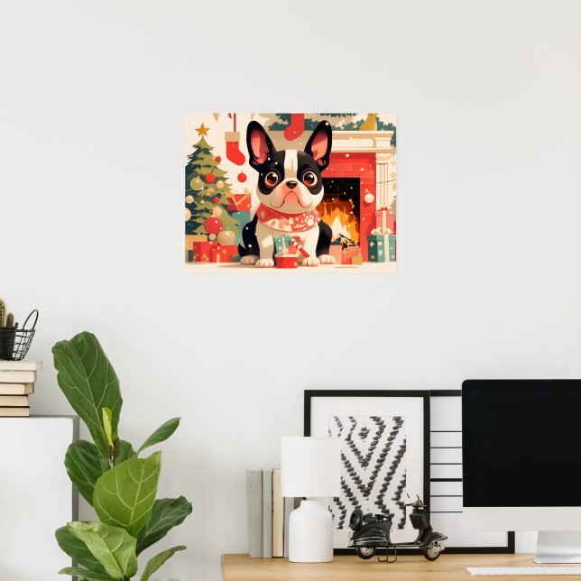 Poster Cute French Bulldog by the Christmas Fireplace (Escritório em casa)