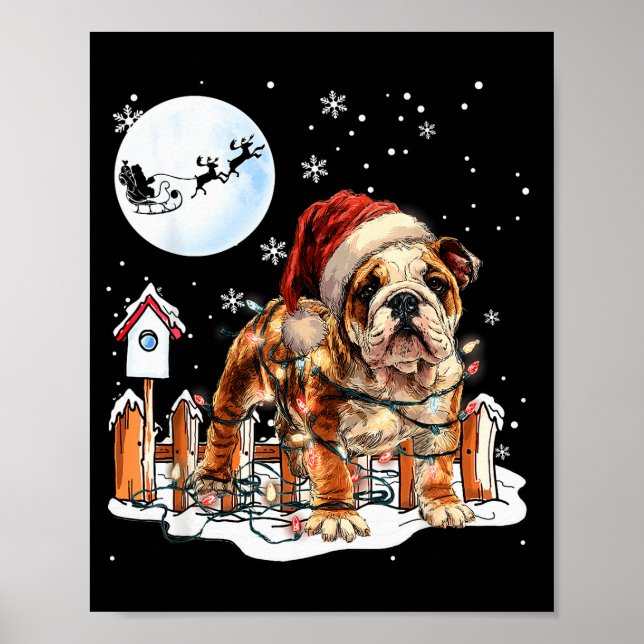 Poster Cute Funny English Bulldog Christmas Lights Santa  (Frente)