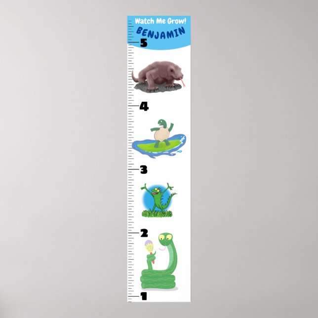 Poster Cute funny reptiles animals cartoon growth chart (Frente)