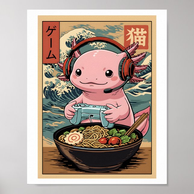 Poster Cute Gamer Axolotl Ramen Japanese Gaming Food Art (Frente)