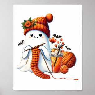 Poster Cute Ghost Crochet Knitting Amante Café de Hallowe