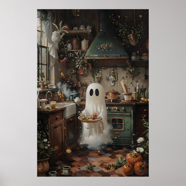 Poster Cute Ghost Preparing To Eat Print, Floral Kitchen (Frente)