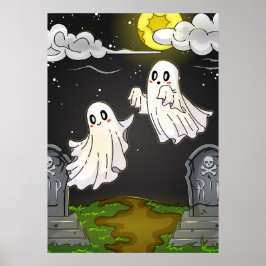 Poster Cute Ghosts Flying in Moonlit Graveyard Halloween