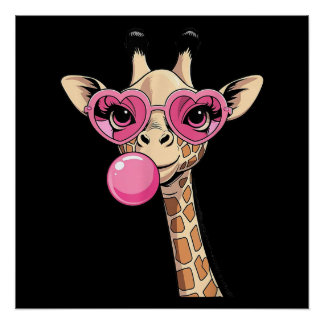 Pôster Cute Giraffe Blowing Pink Bubble Gum Sunglasses 