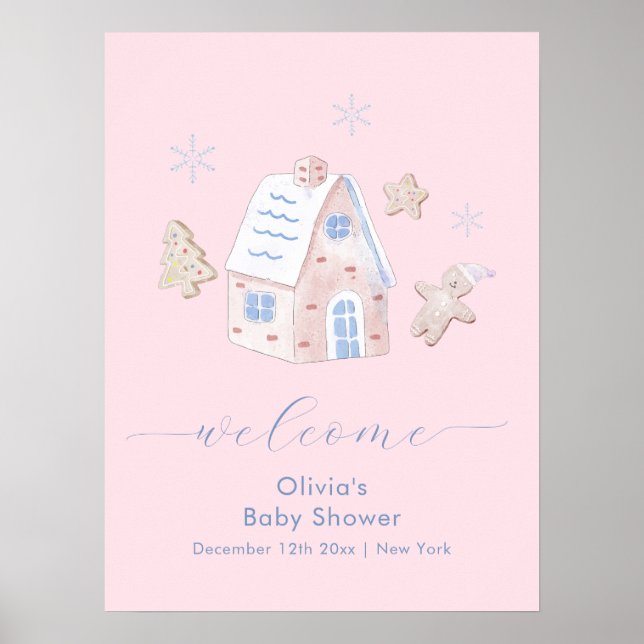Poster Cute Girl Gingerbread Village Baby Shower Welcome (Frente)