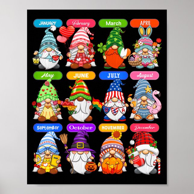 Poster Cute Gnome Every Season Holiday Gnomes 12 Months O (Frente)