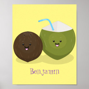 Poster Cute happy kawaii coconuts cartoon illustration