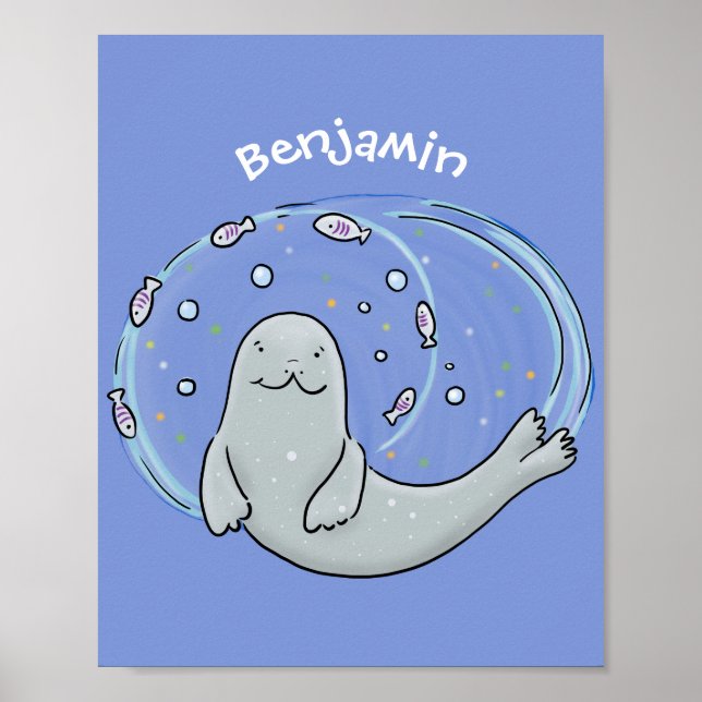 Poster Cute happy seal and fish blue cartoon illustration (Frente)
