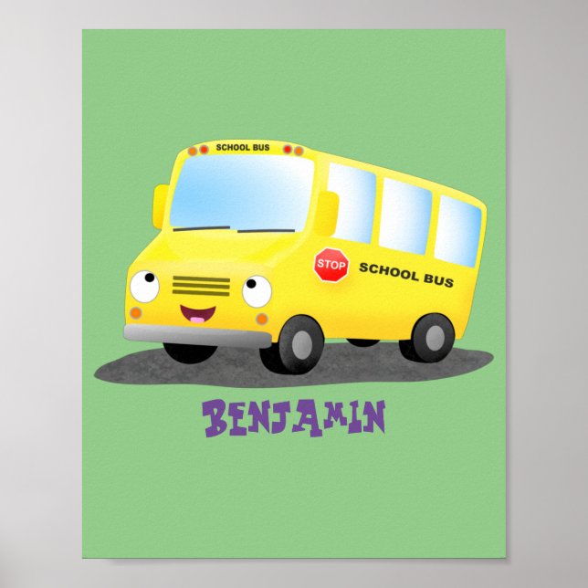 Poster Cute happy yellow school bus cartoon  (Frente)