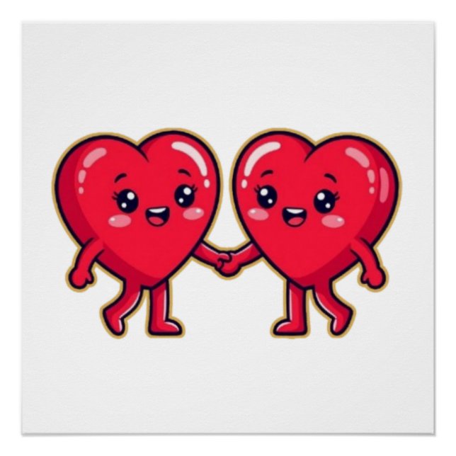 Pôster Cute Heart Characters Holding Hands (Frente)