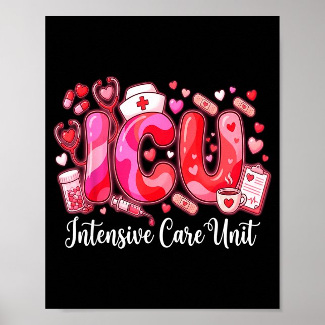 Poster Cute Hearts Icu Valentine Nurse Valentines Day Shi (Frente)