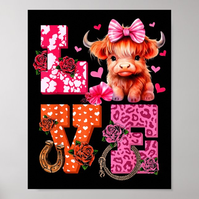 Poster Cute Highland Cow And Nk Heart Valentines Day Love (Frente)