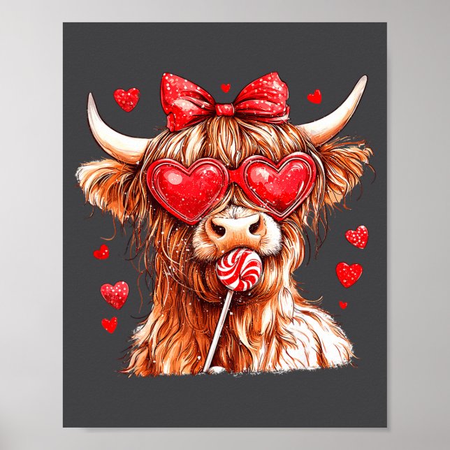 Poster Cute Highland Cow Candy Cane Heart Valentines Day  (Frente)